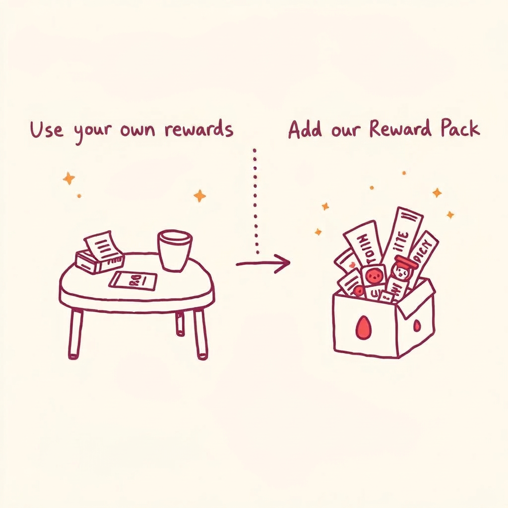 Rewards are not included by default, so you control the budget. Use things you already have at home, like chocolate, a coffee out, or a massage coupon. Prefer not to shop? Add our Reward Pack with small physical gifts at checkout.